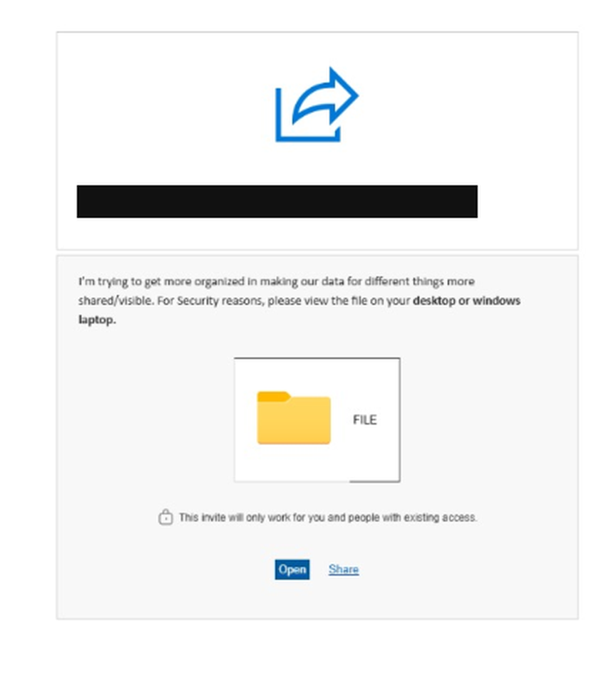 Redacted phishing email inviting the recipient to view a shared folder, instructing them to open it on a desktop or Windows laptop
